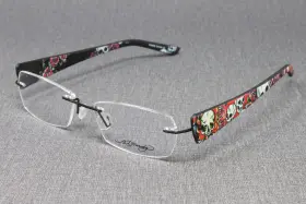 Ehl816 Ed Hardy Womens Eyeglasses Frames Black 52mm Rimless Skull Rose Print