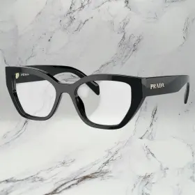 Prada 056262143513 New Eyeglasses Women Black Gold Logo Glasses 53 Mm Acetate Cat Eye