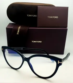 Ft5763-b Tom Ford Eyeglasses Tf 5763-b 001 56-15 Black Cat-eye Frames With Blue Block Lenses