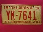 License Plate Bicentennial Car Tag 1976 Oklahoma Yk 7641 County B3C Used. Price: $13.50.